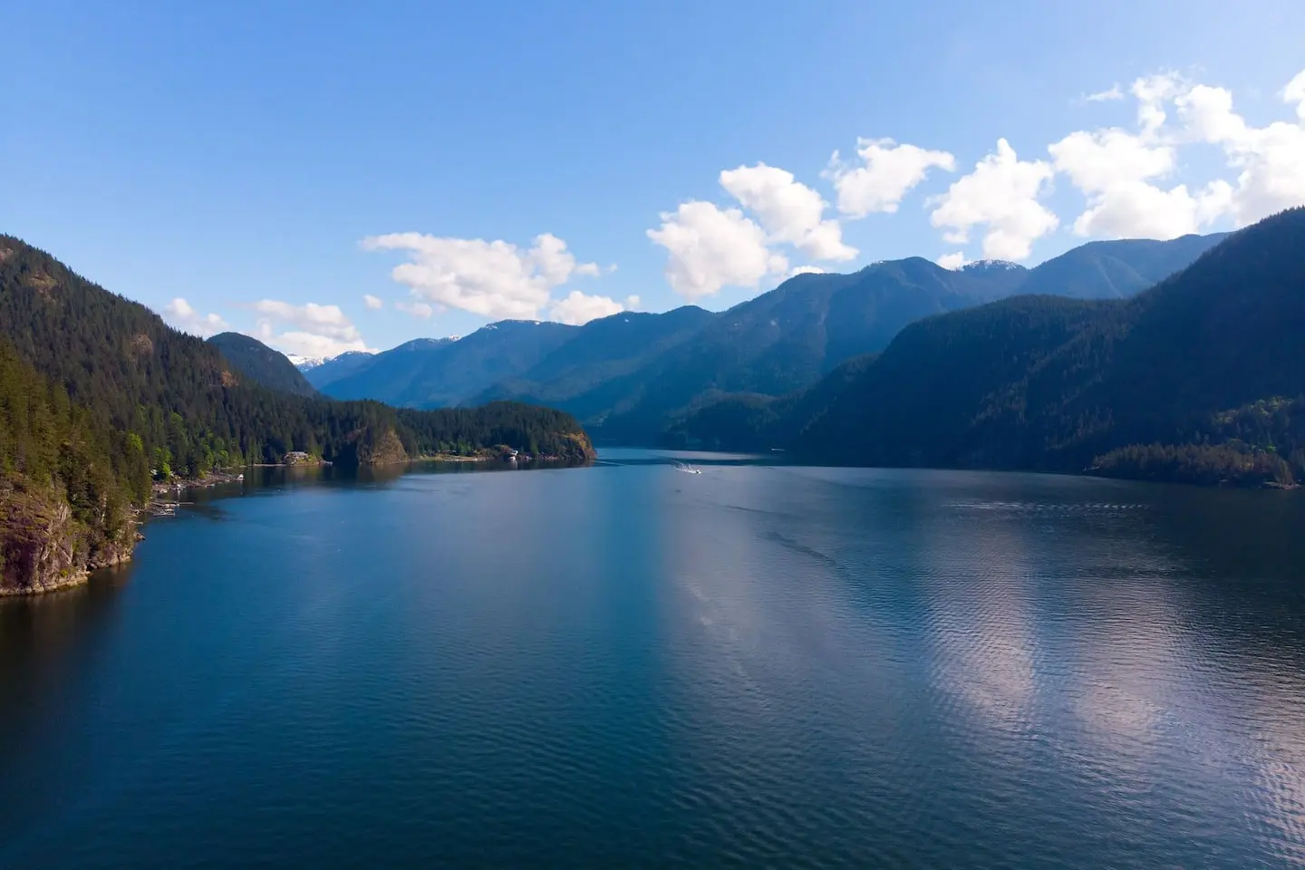 View up Indian Arm to the mountains on a sunny day