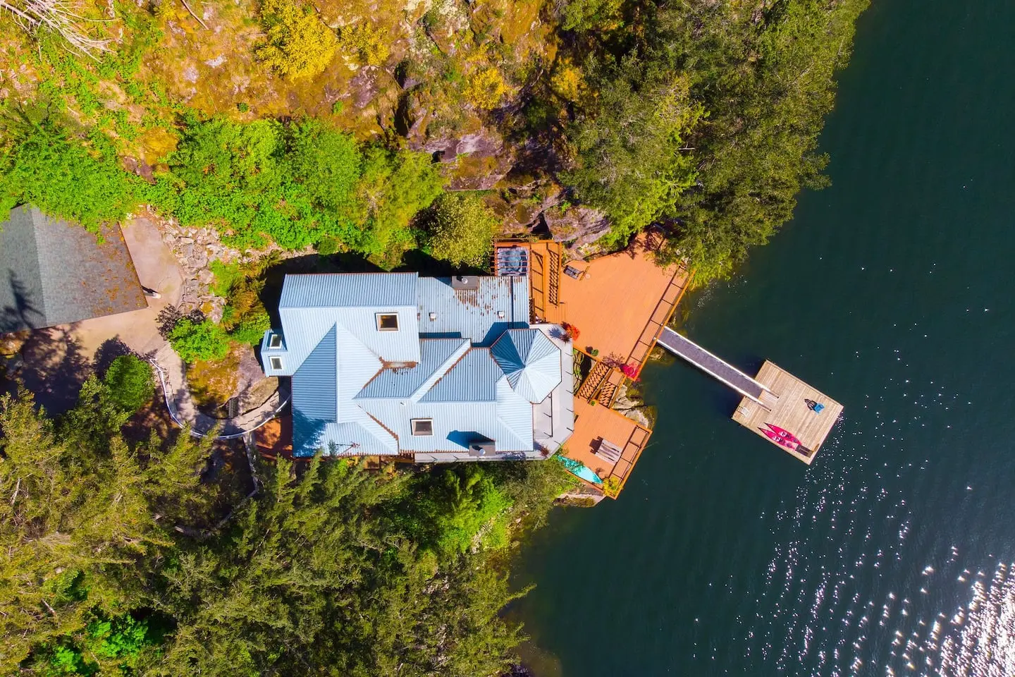 Overhead aerial view of the house, decks and dock