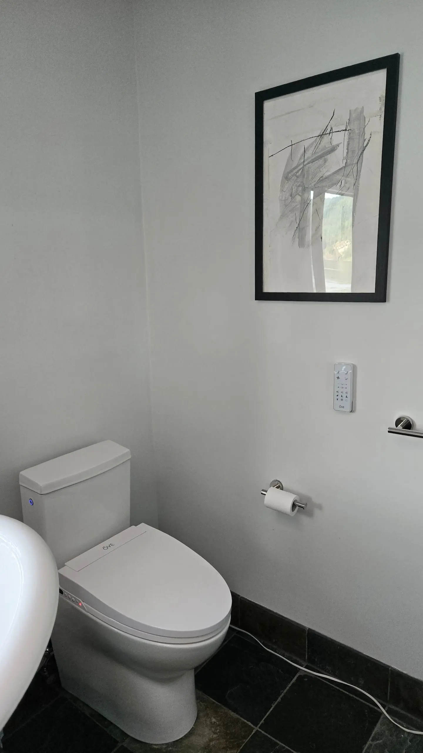 Toilet room with framed art